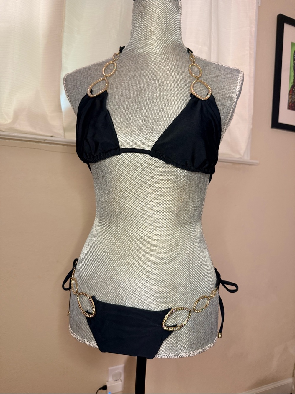 Black Beach Bunny Swimwear Bikini with Gold Link Stoned Accents
